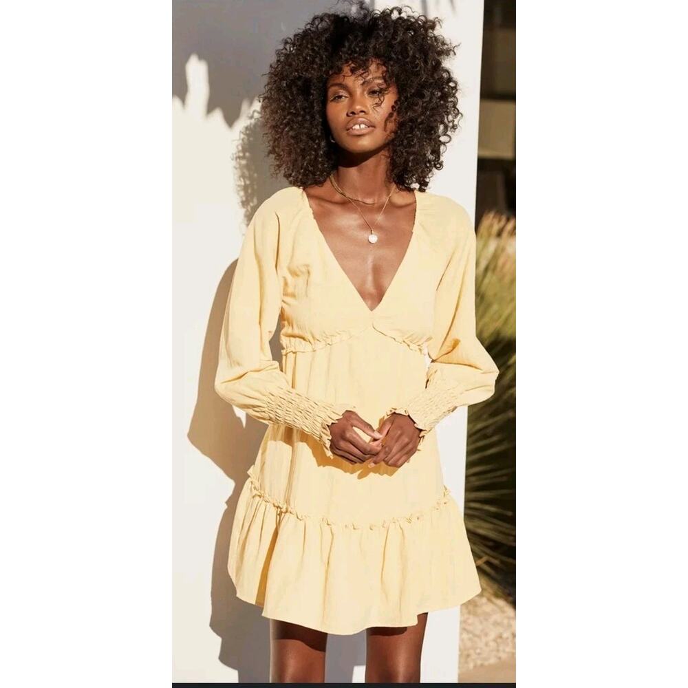 Lulus V Neck Ruffled Long Sleeve Mini Dress Size M Women’s Yellow